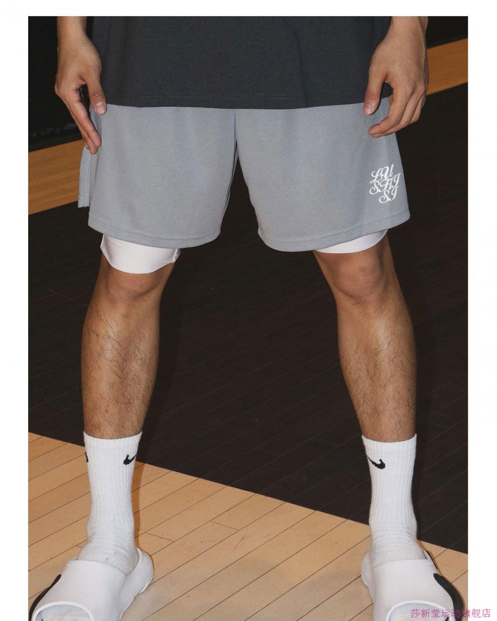 lushisi夏季不过膝美式短裤男篮球运动速干三四分裤跑步健身刺绣灰色s