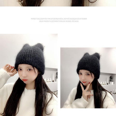 甜美可爱耳朵帽毛羊角帽日系秋冬季针织帽潮洋气w白色