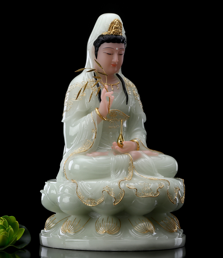 汉白玉翠玉镶金南海观世音菩萨佛像客厅供佛摆件 12英寸观音佛像/尊