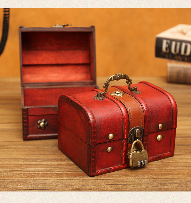 复古收纳盒带锁手工木质储物整理木盒小箱子密码宝藏盒儿童百宝箱 红