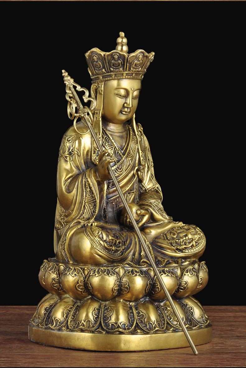 全铜地藏王摆件地藏王菩萨佛像坐莲家用佛堂供奉地藏王铜像工艺品30cm