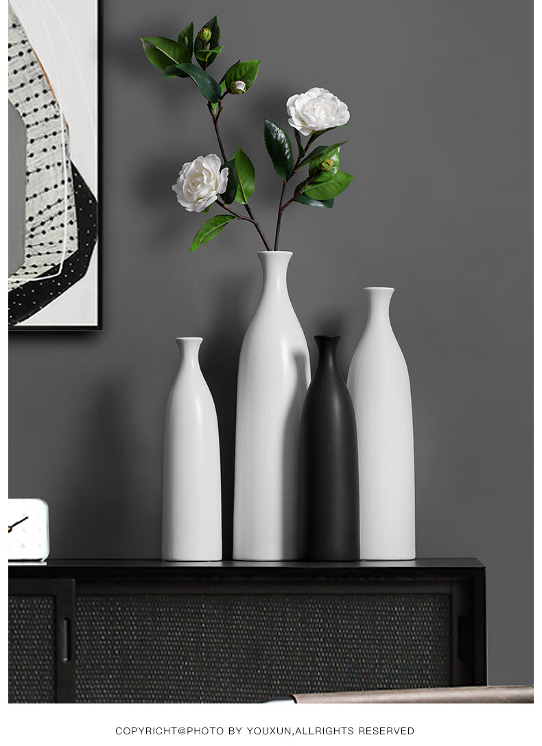 黑色陶瓷花瓶细口长颈插花瓶子客厅餐桌茶几干花摆件白色小口径黑色d