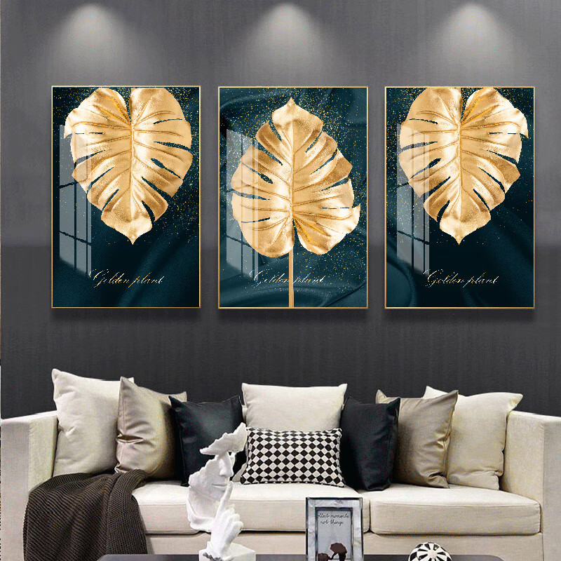 玄关装饰画现代简约镶钻烤瓷金色叶子晶瓷画三联轻奢酒店客厅装饰壁画