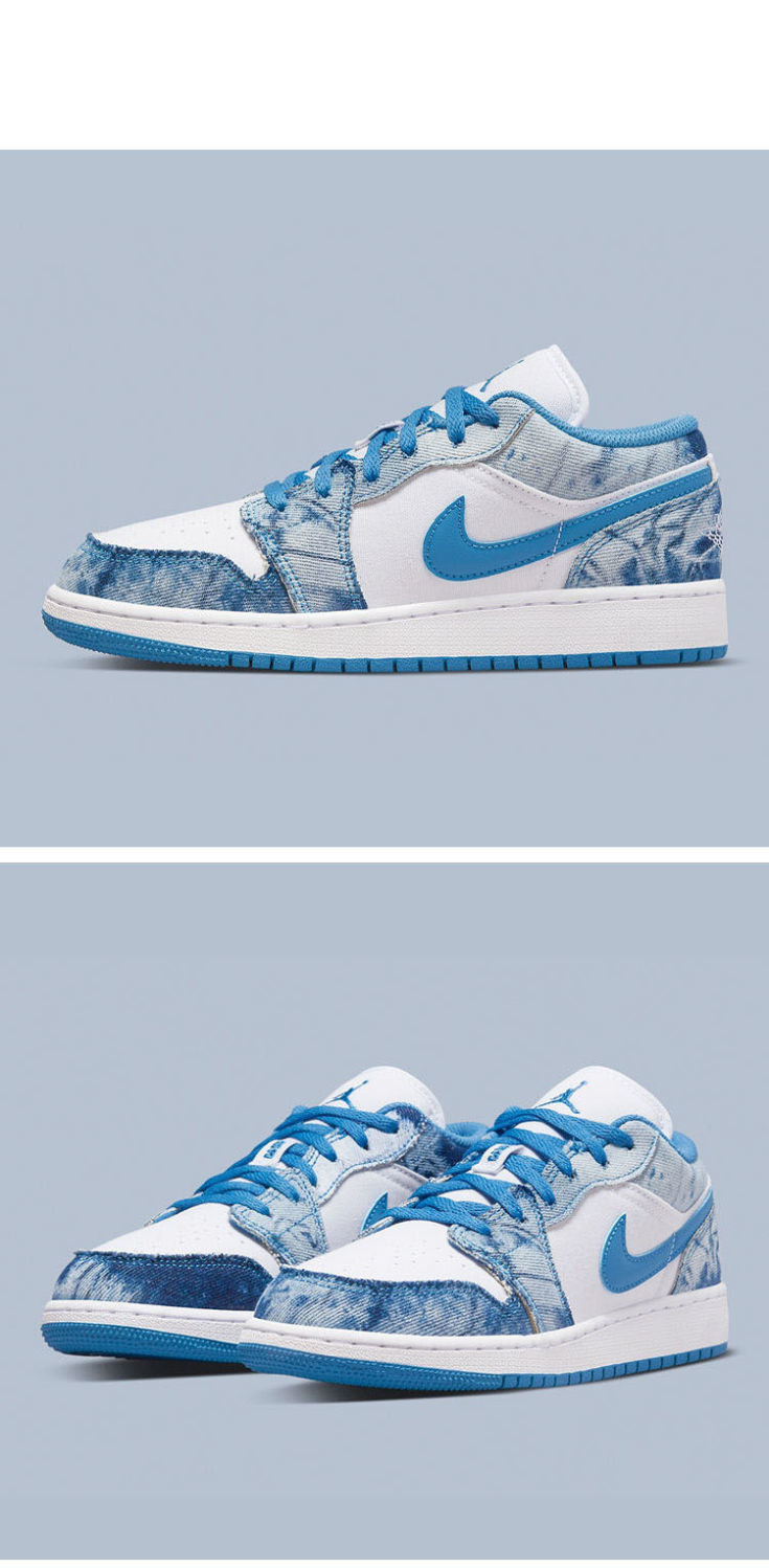 官方专卖【特价】元讯纯原air 乔1 low空军一号aj白蓝水洗丹宁篮球鞋