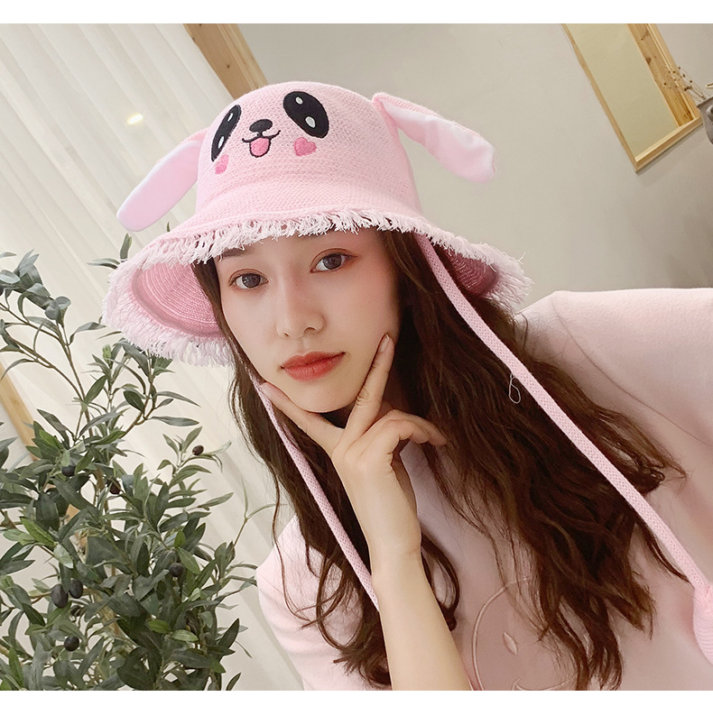 娆蝶 网红同款耳朵会动的兔子渔夫帽女抖可爱音减压帽子儿童防晒遮阳