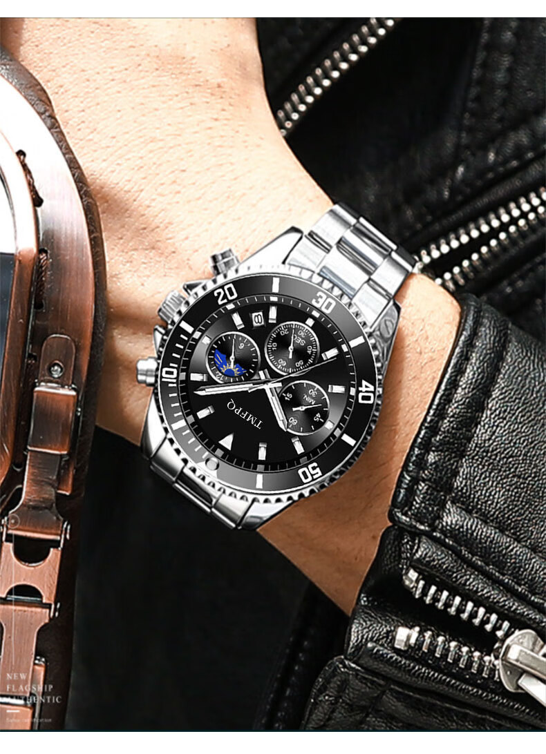 森匠手表诺曼底水鬼钢带防水日历夜光商务男表三眼6针秒表计时多功能