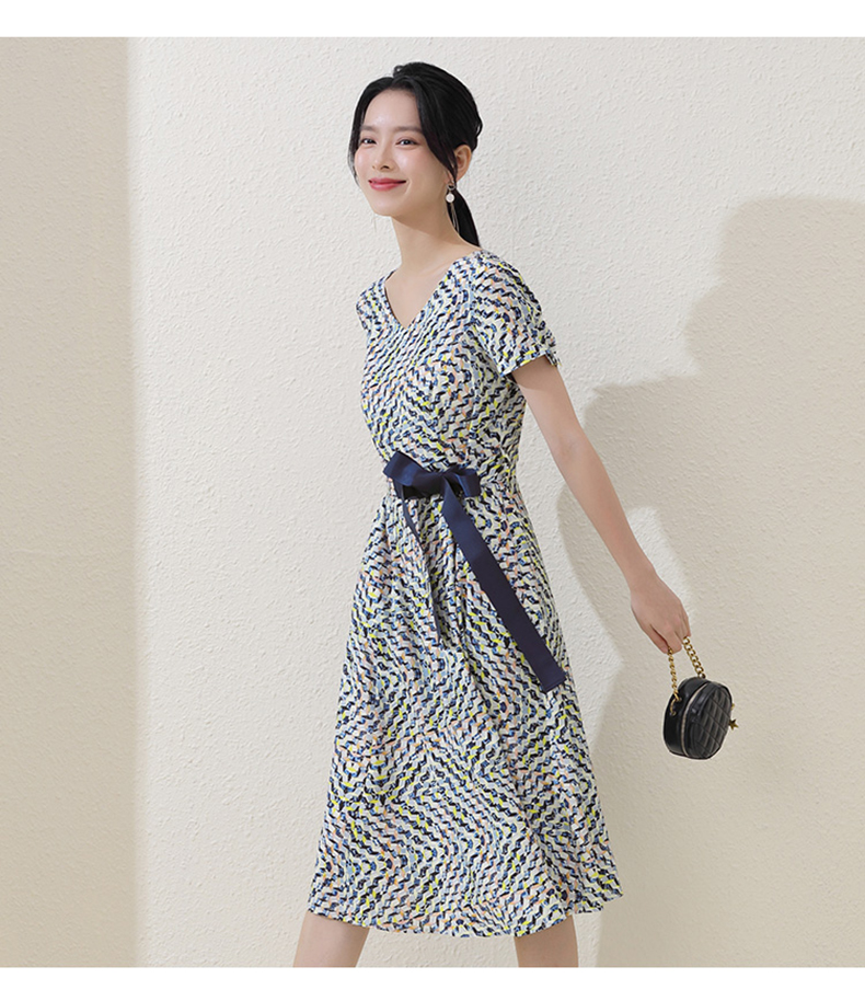 熙然夏季复古收腰感蝴蝶结印花碎花连衣裙女气质裙子蓝底黄花l