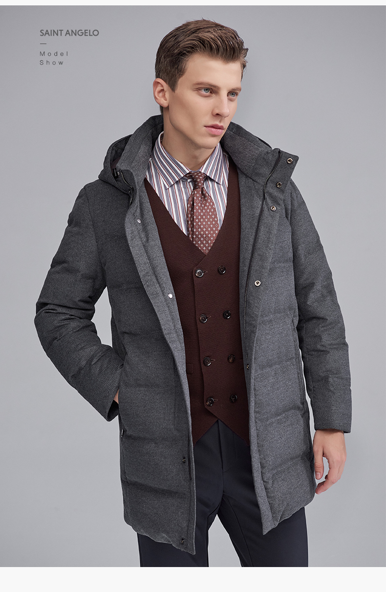 商场同款报喜鸟羽绒服冬装男士时尚休闲中长款保暖羽绒服连帽灰色白