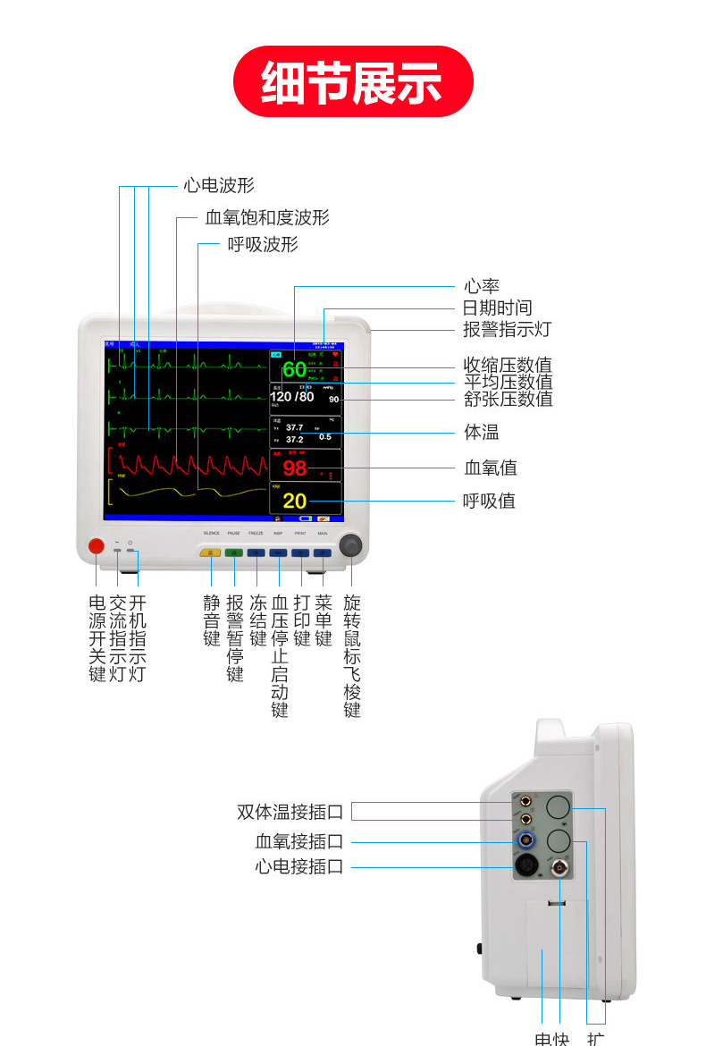 【京健康】医用血氧心率心电图机多参数监护仪早产新生婴儿血氧饱和度