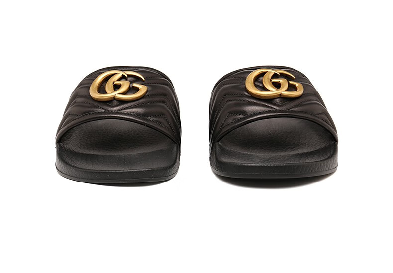 gucci古驰男鞋春夏新品男士黑色双g金属标牛皮革平底拖鞋休闲鞋黑色5