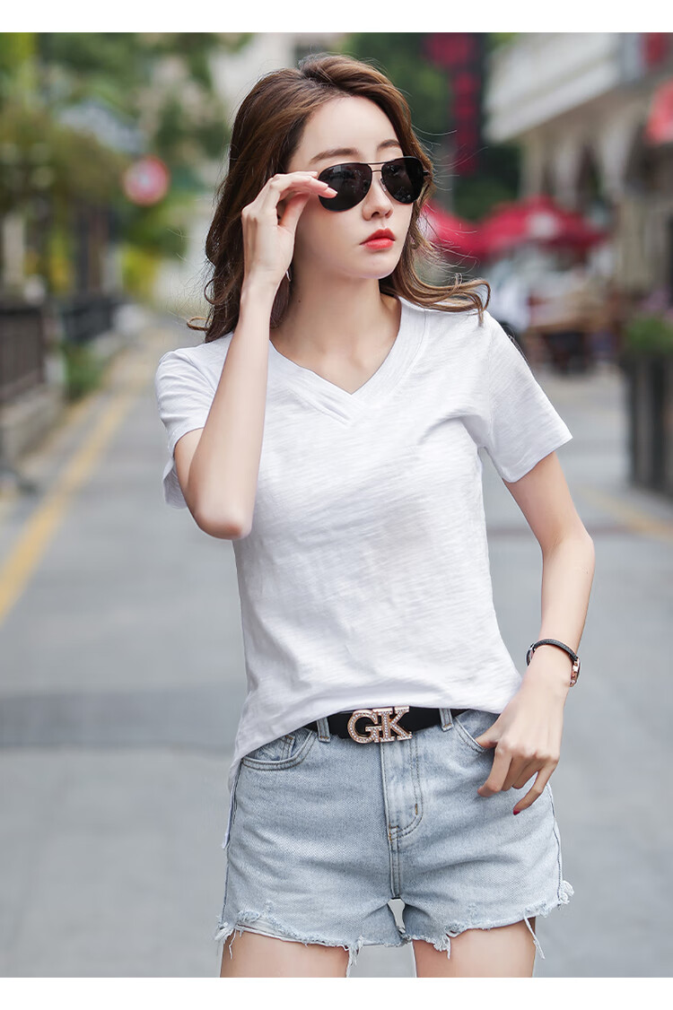 女装新品夏季新款韩版百搭小个子纯棉v领开叉上衣前短后长半袖纯色