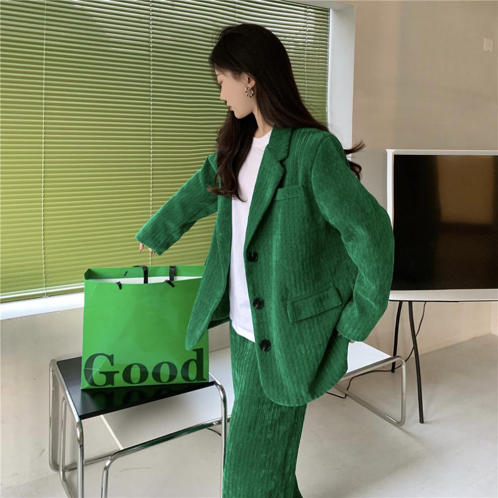 绿色西装外套女春季加厚夹棉宽松中长款设计感灯芯绒西服套装上衣bv绿
