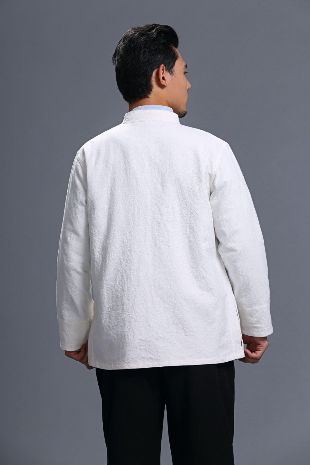 新中式服装男装秋中老年长袖白色打底衫唐装男士衬衫爷爷装上衣爸爸装