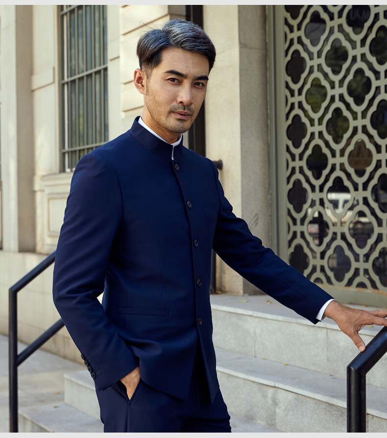 中山装套装男中青年修身中华立领新郎结婚伴郎西装中式婚礼西服 灰色