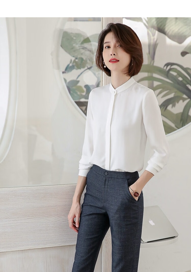 高档女装白衬衫女气质别致2022春秋新款韩版长袖小立领上衣职业衬衣