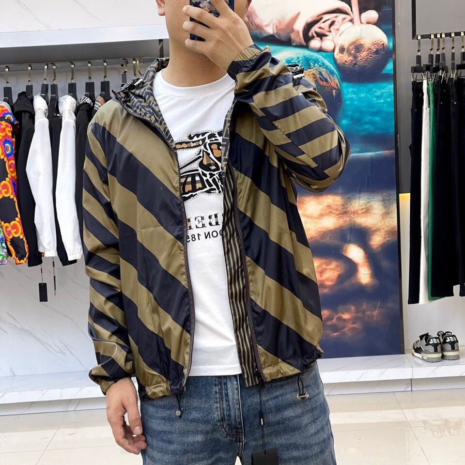 fendi芬迪双面穿连帽夹克男士潮流休闲薄款外套男生春秋上衣 黑色 l