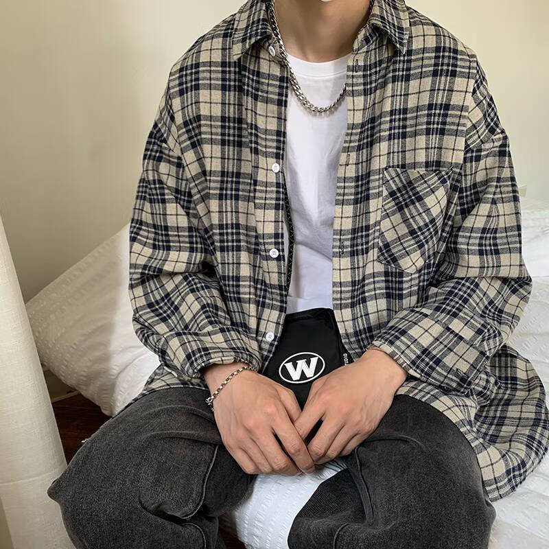 南极人格子长袖衬衫男春秋ns港风休闲冬季加绒宽松百搭男生外套男士