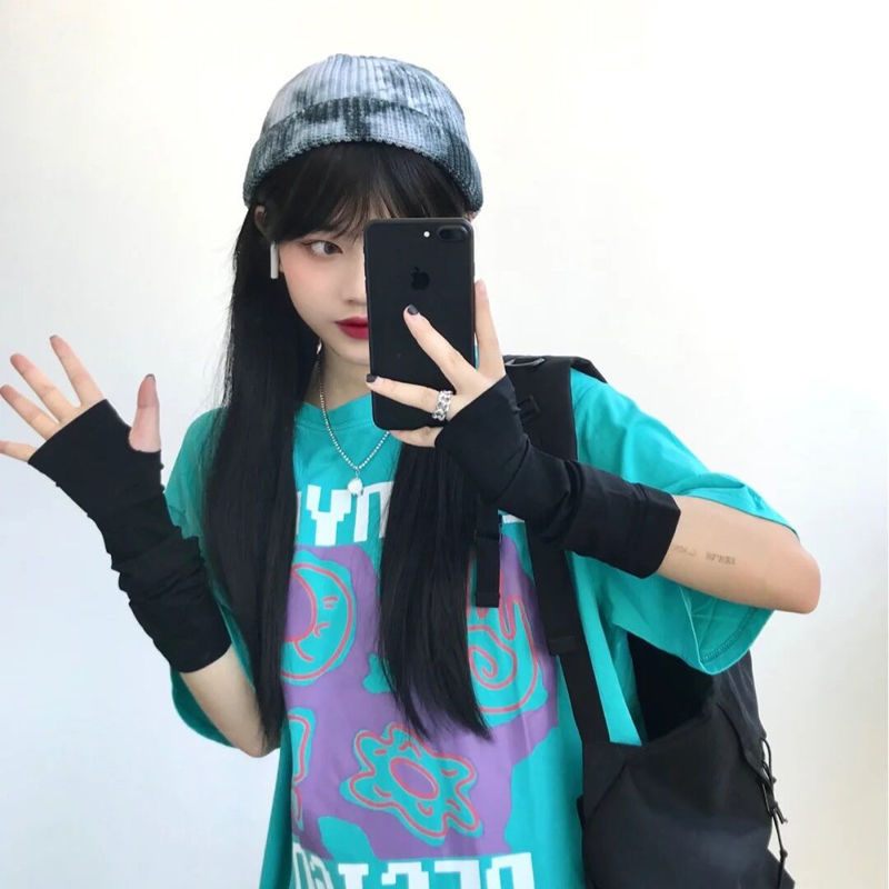 遮纹身袖套搭配冰袖原宿风甜美防晒袖套女手套学生冰丝袖套薄款穿指