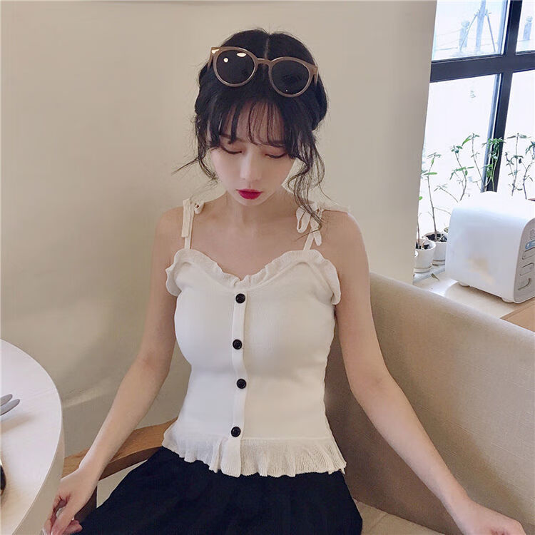 针织小背心女外穿ins潮甜辣内搭打底法式别致胖妹妹吊带上衣黑色m80