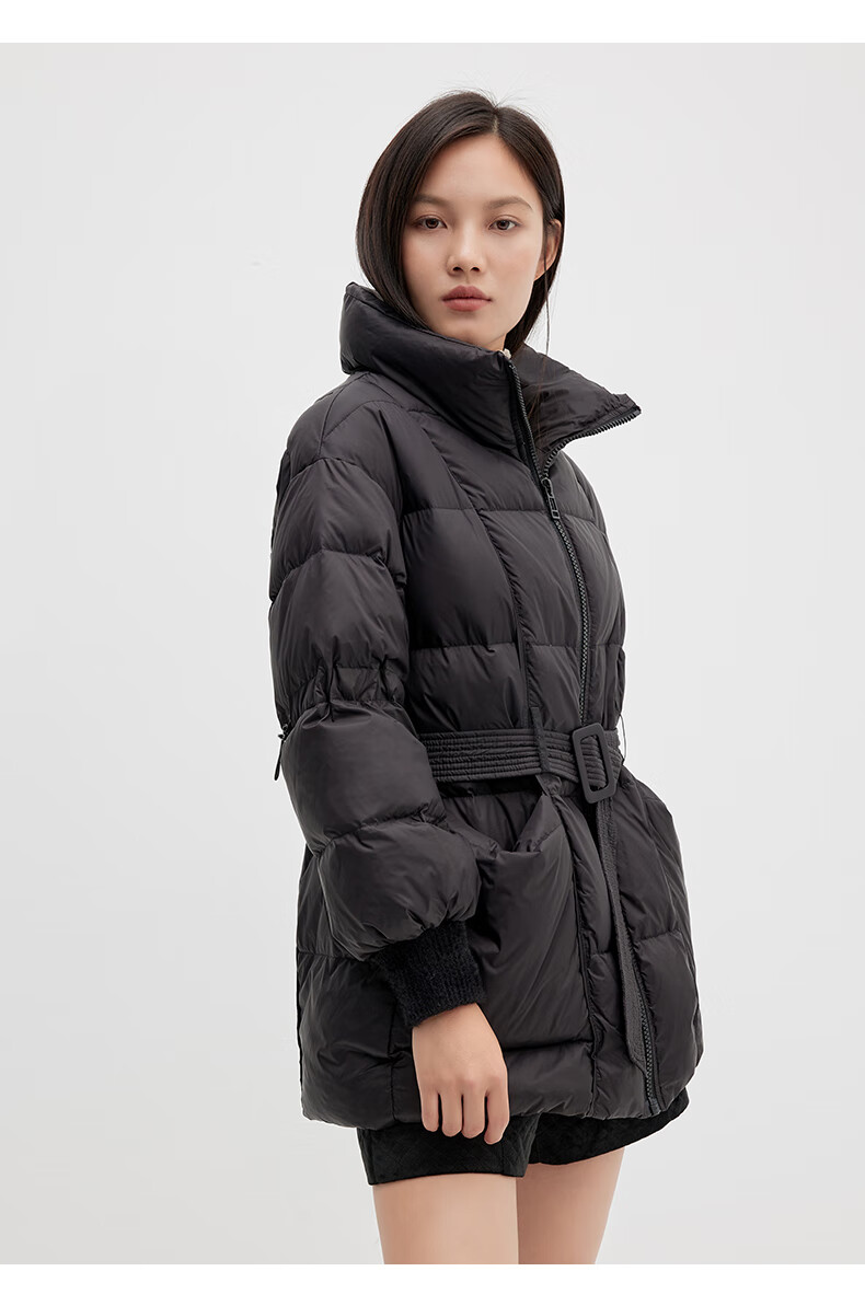 商场同款艾诺丝雅诗2021冬装新品立领系带收腰简约中长款女羽绒服外套