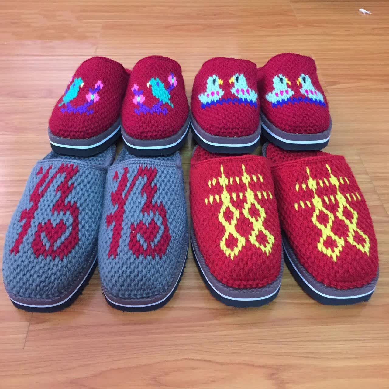 毛线拖鞋秋冬纯手工编织男女式居家婚嫁出嫁礼品成品防滑成人灰色福字