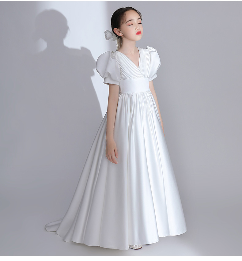 钢琴演出服女中学生少女高端晚礼服童洋气主持人走秀小孩花童白色钢琴