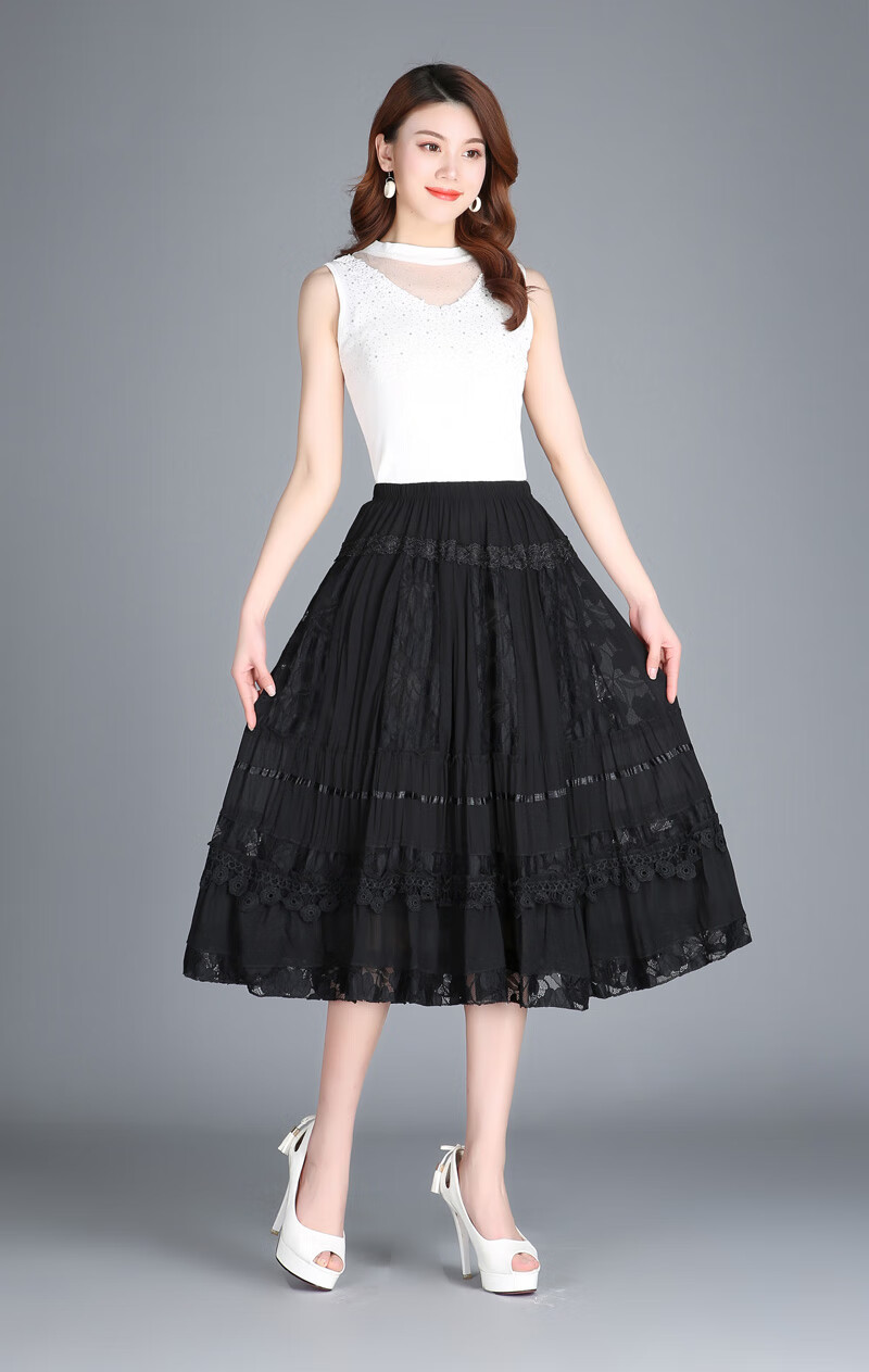 妈妈裙子松紧腰中年妇女广场舞大摆裙女式半截裙下半身裙子米白色均码