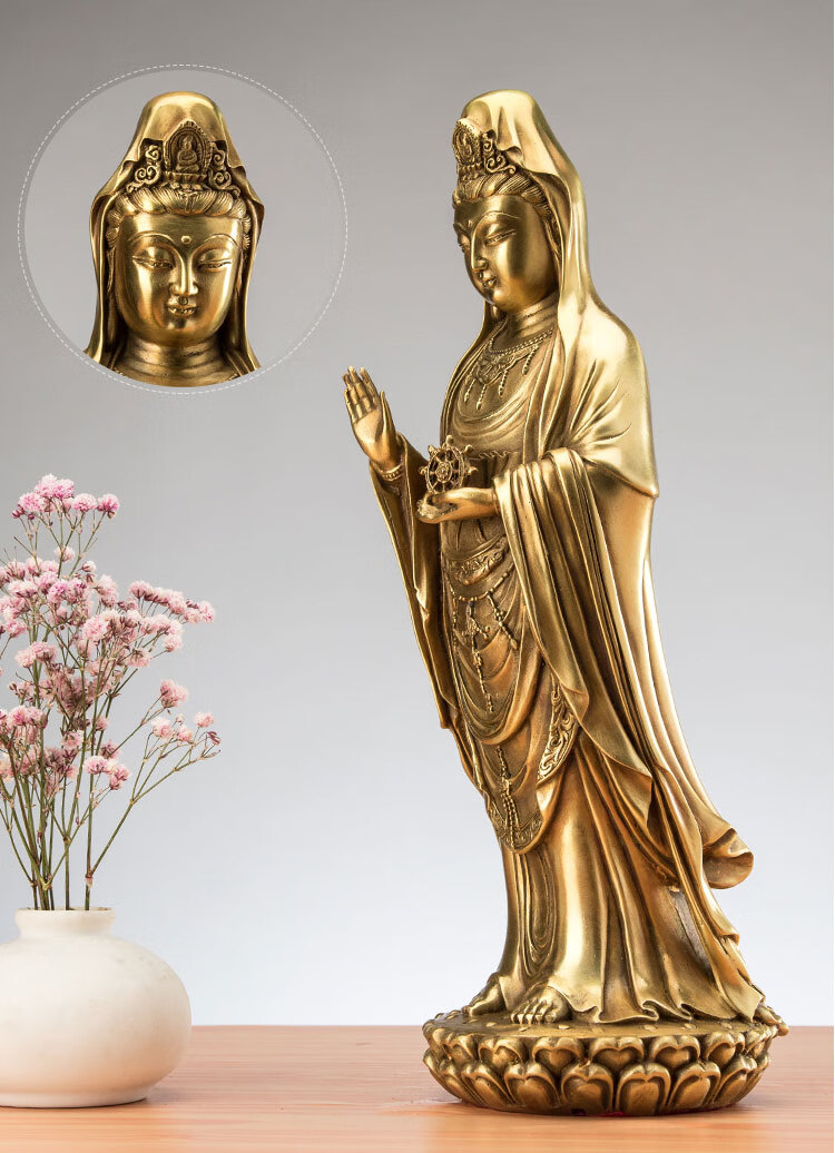 普陀山同款南海观音佛像 纯铜观音菩萨站像家居客厅摆件 28厘米小号