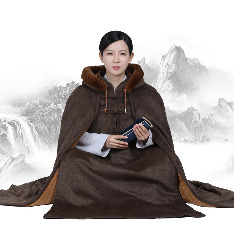 尚远单丽寒冬加绒双层套头打坐披风保暖禅修大衣加厚僧人居士斗篷