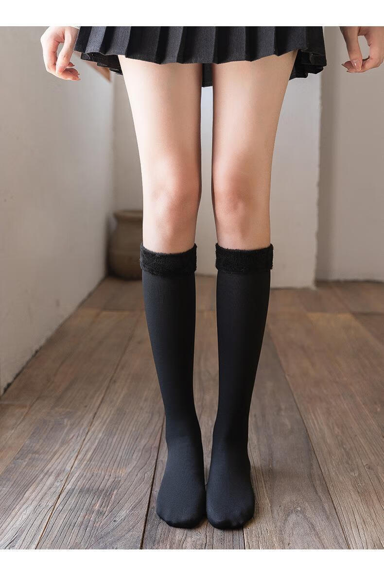 雪地袜女小腿袜秋冬季加绒加厚保暖光腿裸感高筒过膝袜 黑色小腿雪地