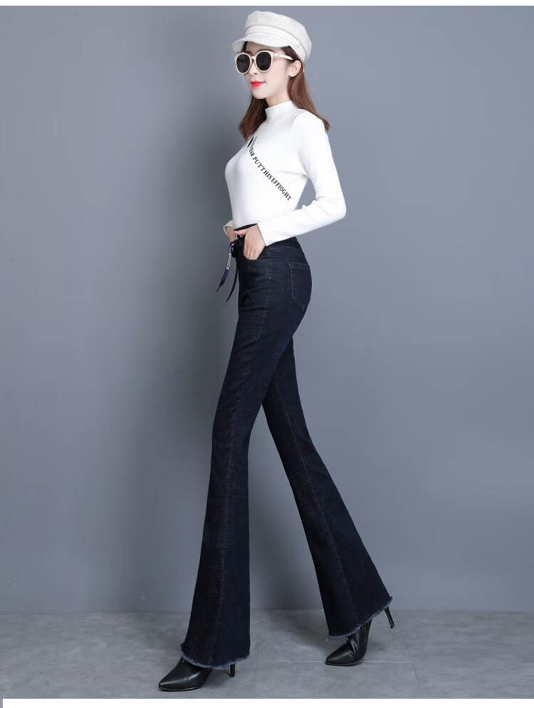 牛仔裤女2019冬季加厚保暖牛仔微辣裤松紧腰高腰喇叭长裤 黑色(如图)