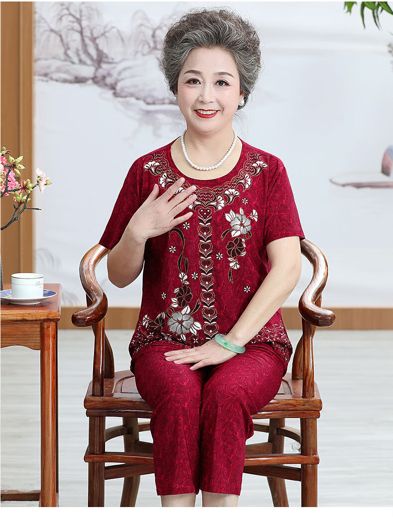 老太太夏天穿的弹力半袖衫奶奶夏装短袖套装老年人女装妈妈t恤老人两