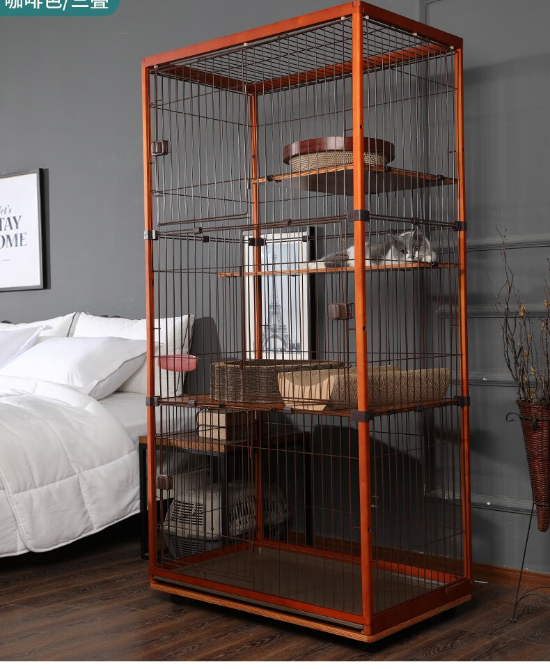 大猫笼实木室内豪华猫别墅出口日本猫笼子木质二三层家用猫舍 咖啡色