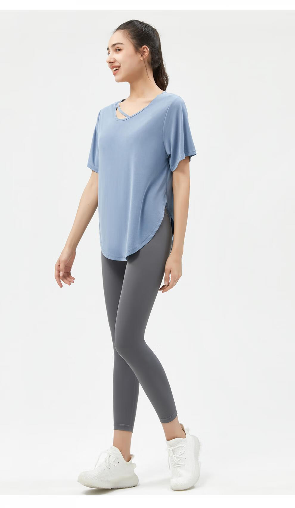 奥义瑜伽服女夏跑步训练运动上衣短袖宽松罩衫健身t恤 蓝 s【图片