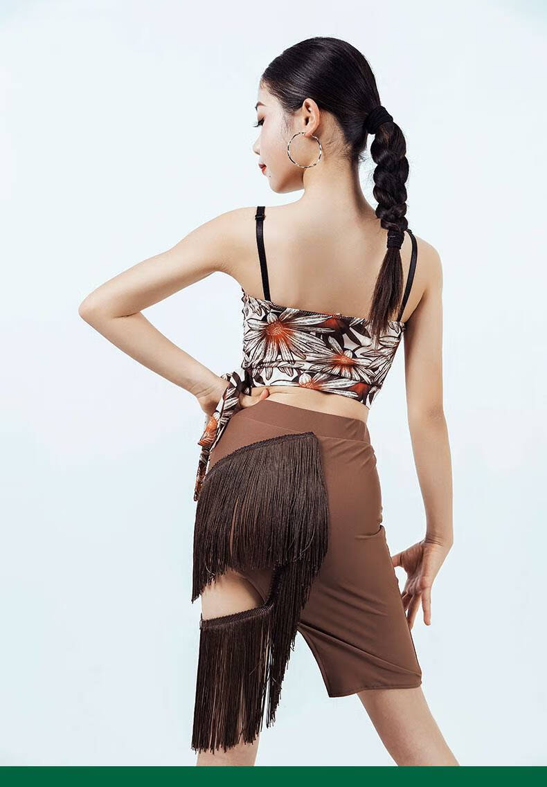 拉丁舞服装练功服吊带拉丁舞服女儿童吊带流苏舞蹈练功服夏网红套装棕