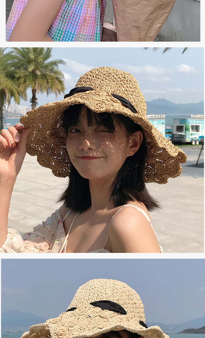 草帽女遮阳晒帽手工草编镂空大帽檐蝴蝶结沙滩海边帽女编织款大蝴蝶结