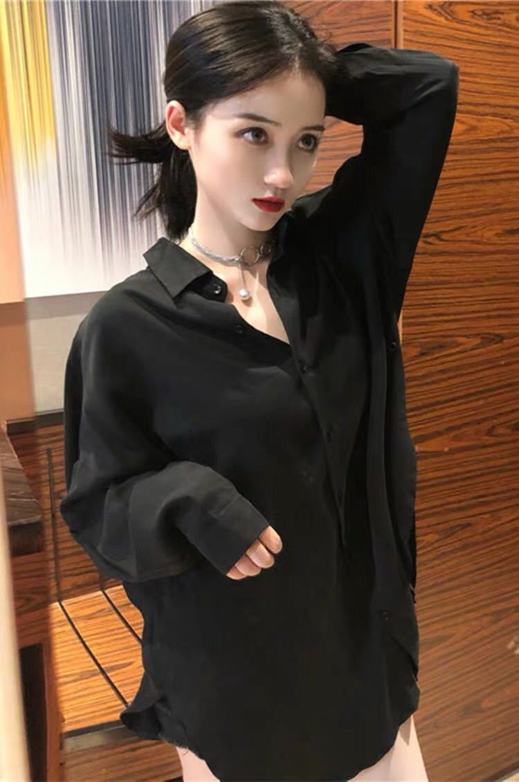 衬衫裙女春夏季新款色上衣中长款外穿收腰女衬衣 黑色 s