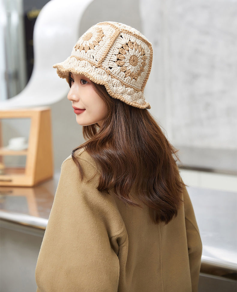 新品毛线渔夫帽yq帽子女新款休闲韩版手钩镂空针织渔夫帽四季可带时尚