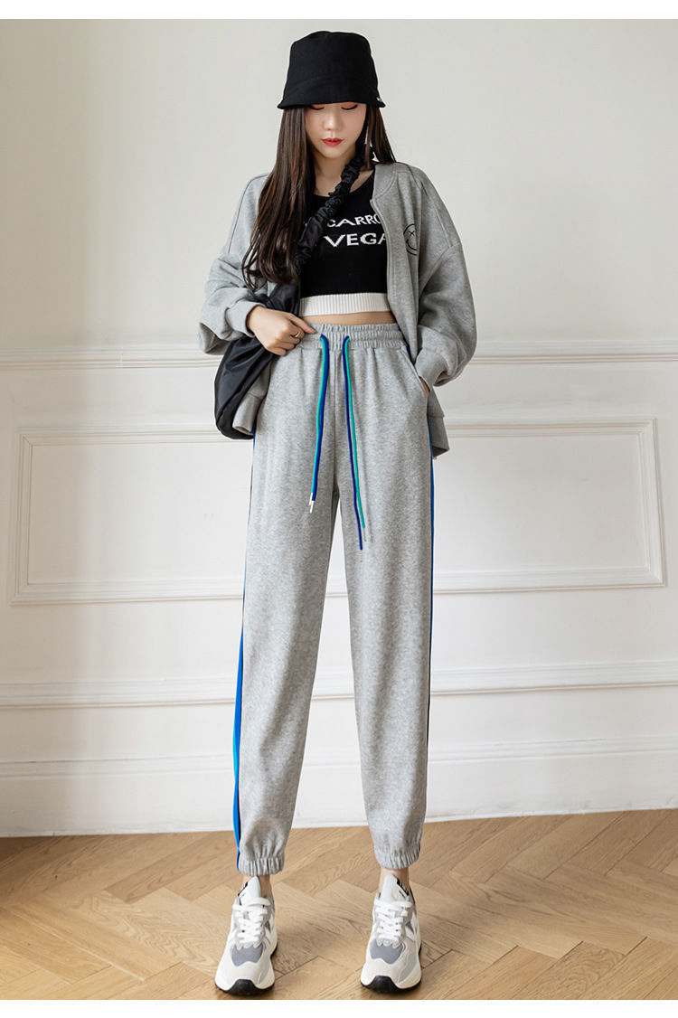 休闲裤女春新款2022春夏运动裤女春季彩条裤子织带宽松束脚卫裤休闲裤