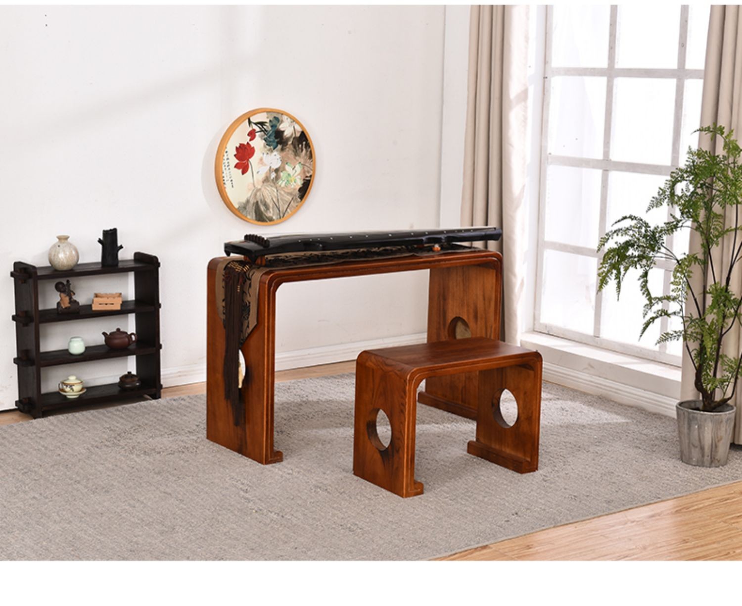 烧桐实木仿古琴桌共鸣古筝桌凳老桐木琴桌琴凳国学古琴桌书法桌椭圆孔