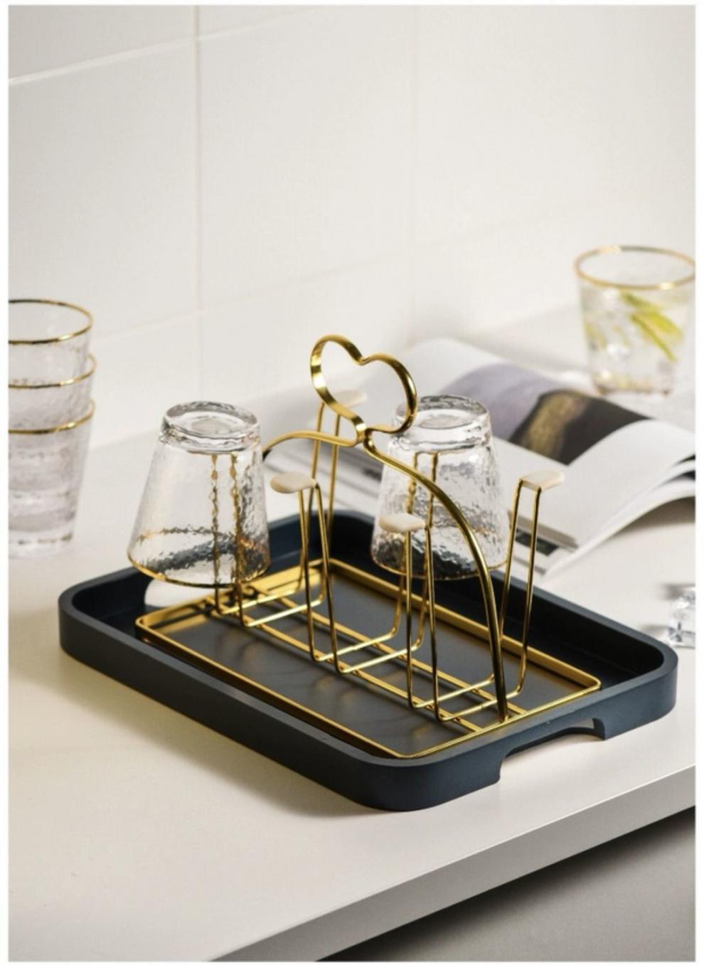 杯架沥水架家用客厅挂杯子收纳置物架创意托盘放玻璃水杯架子套装 镀