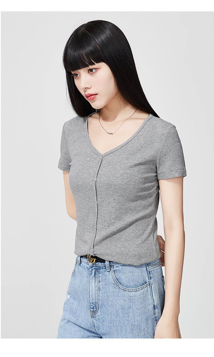 逸阳2022夏季新款v领t恤女针织短袖修身纯色打底上衣6602蓝色s