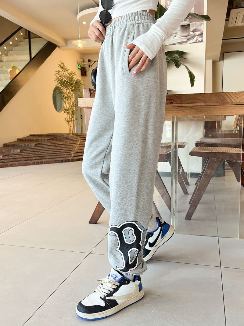 mlb潮牌裤子长裤束脚情侣卫裤女男同款宽松休闲运动裤印花ny 米白色 s