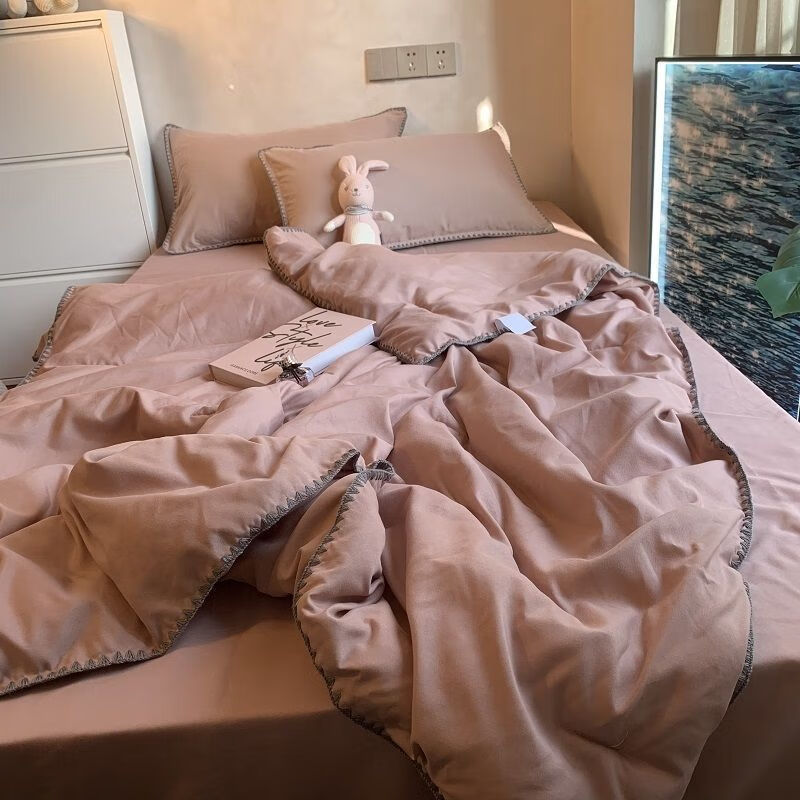 空调被亲肤夏被四件套亲肤水洗棉单双人夏凉薄被子 贝壳夏被-山茶绿