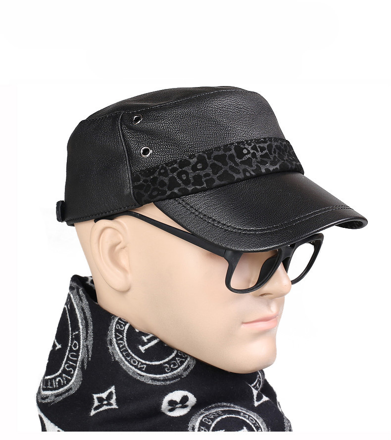 mornymoss品牌真皮平顶帽男韩版时尚休闲中老年羊皮鸭舌帽男光皮黑色