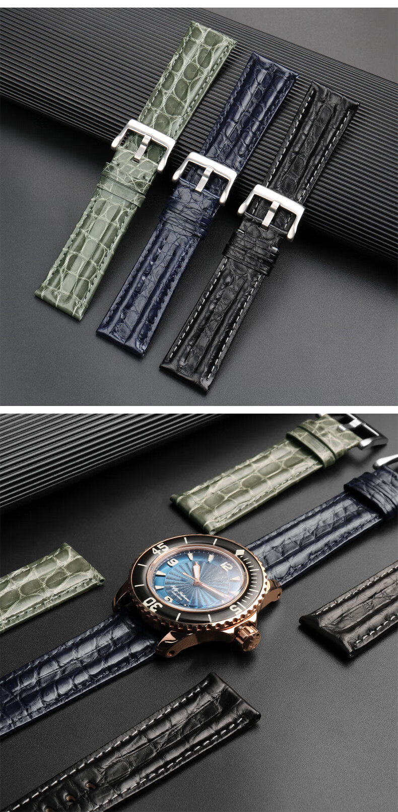 适用宝珀五十寻噚表带真皮鳄鱼皮手表带男50噚蓝陶500011105008表链