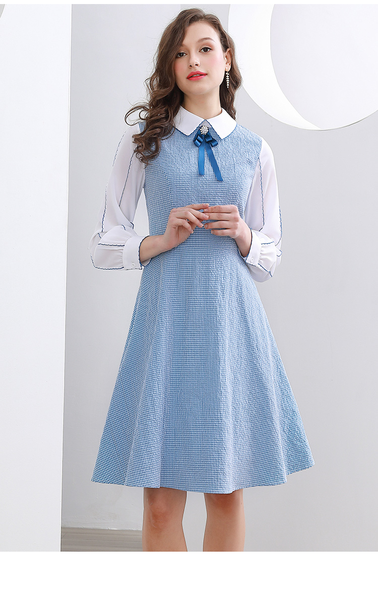 未风2020秋季连衣裙女新款棉布中长款娃娃领收腰显瘦长袖裙子 天蓝色