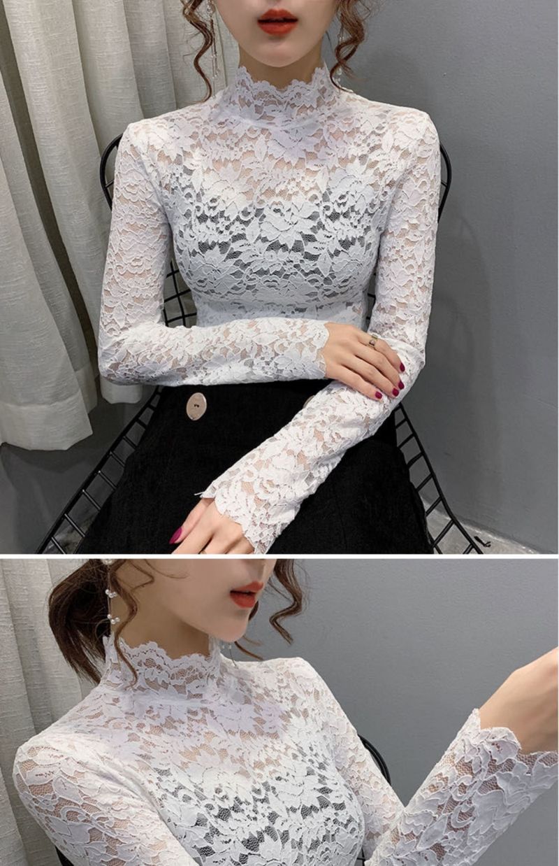春季打底长袖高领全蕾丝打底衫女早秋装新款恤网纱性感镂空内搭上衣