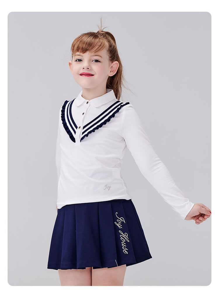 ivyhouse常春藤童装2020春季新款女童弹性针织校园风蓝白t恤白色130cm
