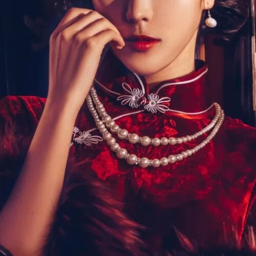 奢古拉轻奢旗袍配饰的项链珍珠双层锁骨链子女士复古颈链多层毛衣链